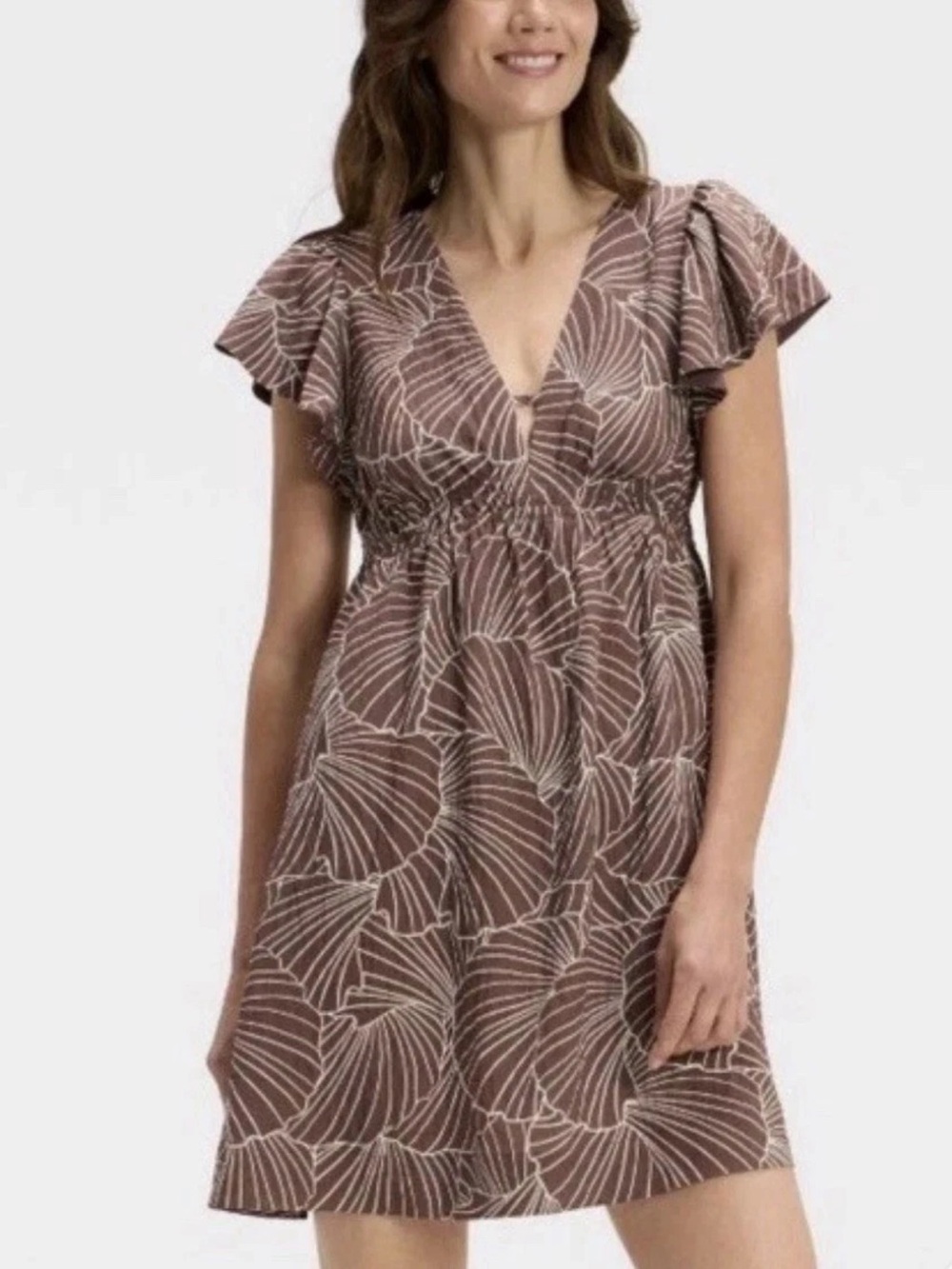 L- Like New A New Day Women's Flutter Sleeve V-Neck Dress in Brown/white